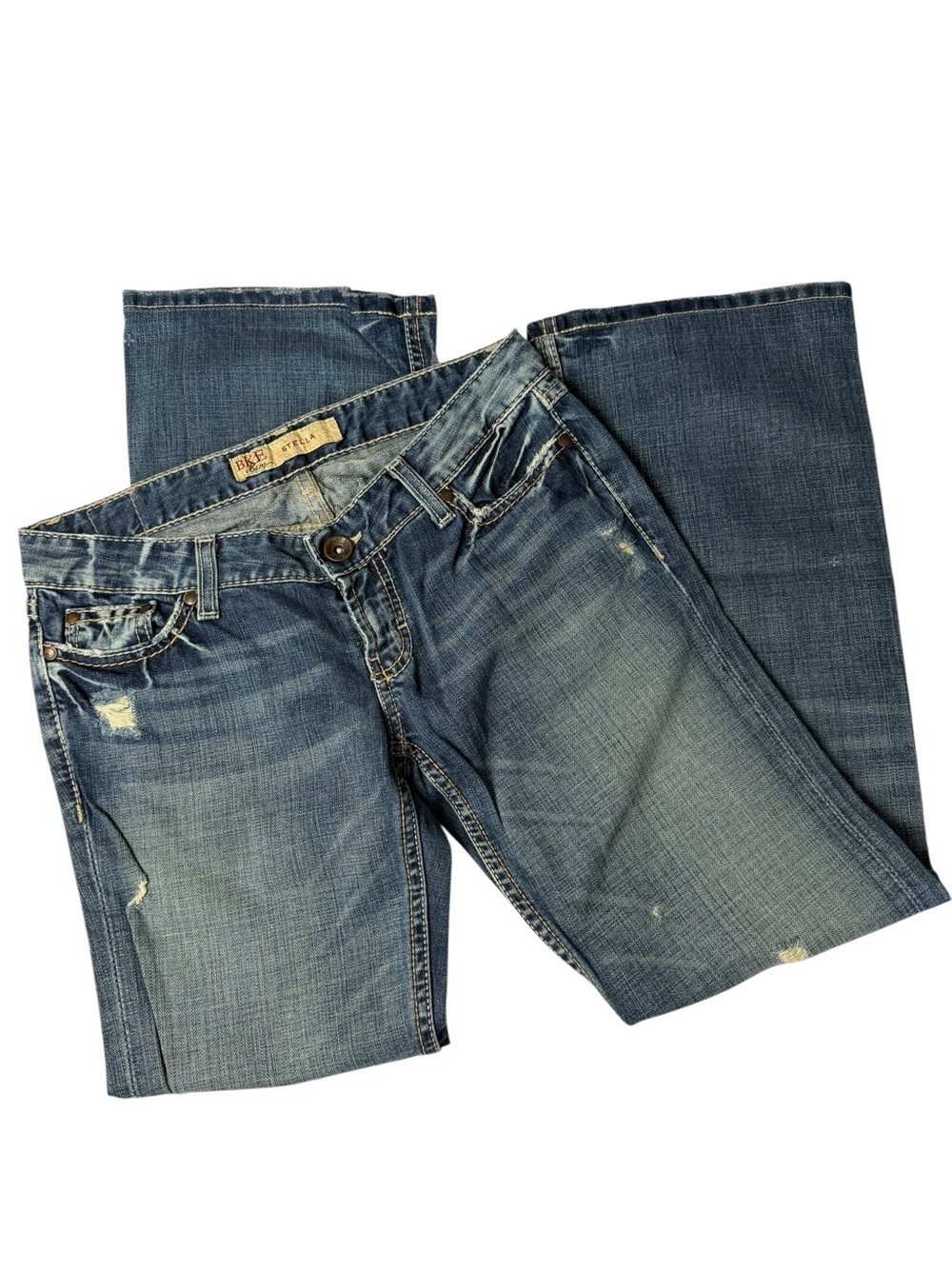 BKE Women's Faded Blue Bootcut Jeans with Distressed Accents